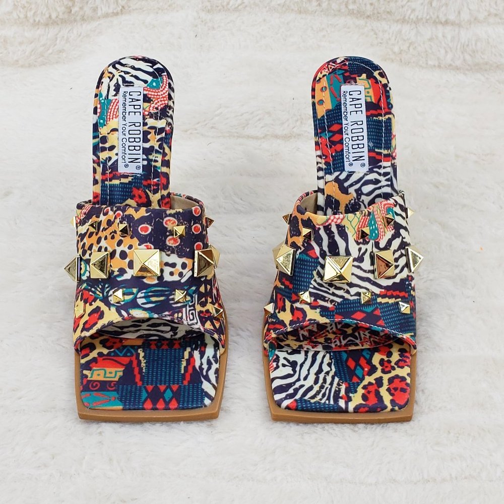 Popo Slip On Sqaure Open Toe High Heels Clogs Mules Slides  multi Color Print - Picture 6 of 9
